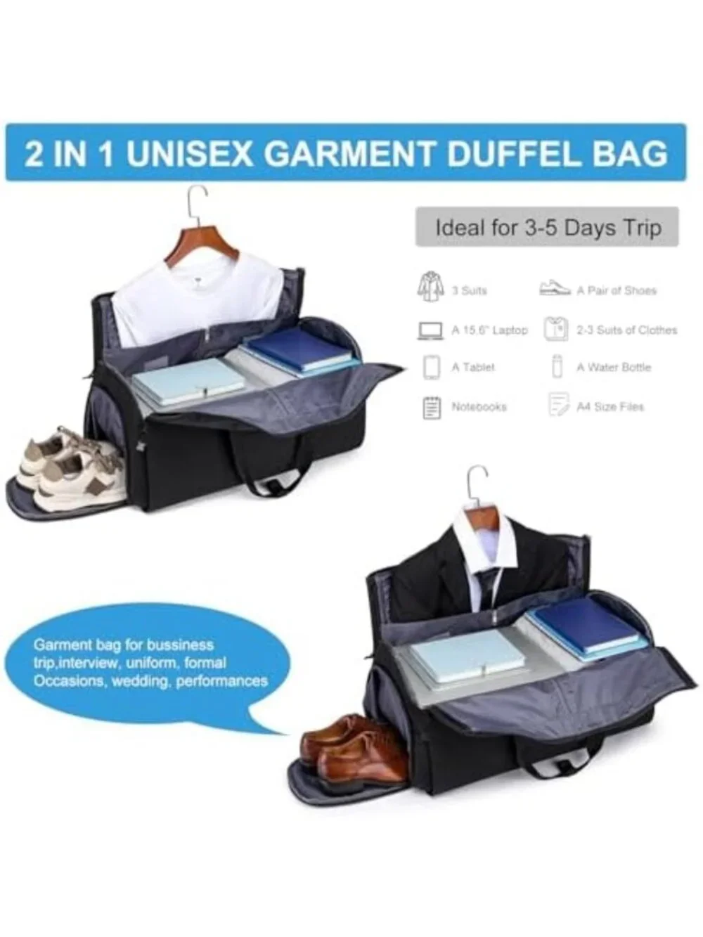 Convertible Duffle Bag & Garment Bag for Travel, Carry-On with Shoe Compartment
